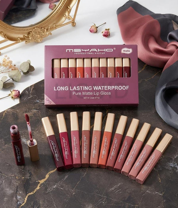 MSYAHO Professional Long-Lasting Waterproof Pure Matte Lip Gloss Set (12 Pieces)